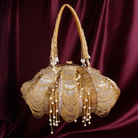 Golden Royal Dome Handbag – Premium Beaded Bridal & Party Clutch