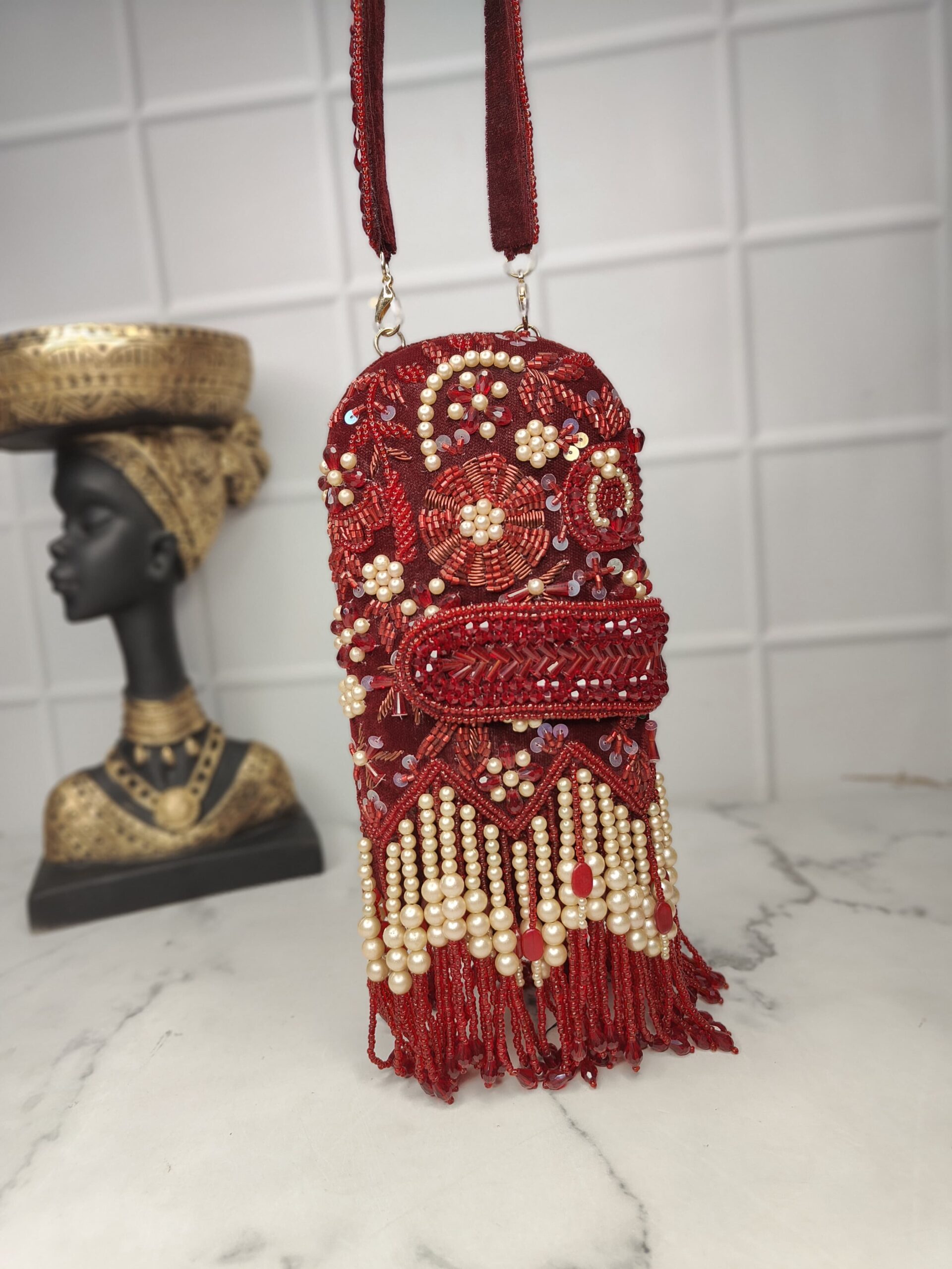 Red Beaded Floral Fringe Sling Bag – Bridal & Festive Phone Clutch - Image 6