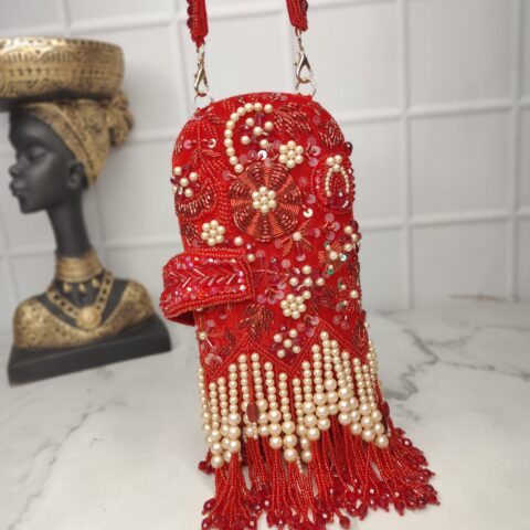 Red Beaded Floral Fringe Sling Bag – Bridal & Festive Phone Clutch