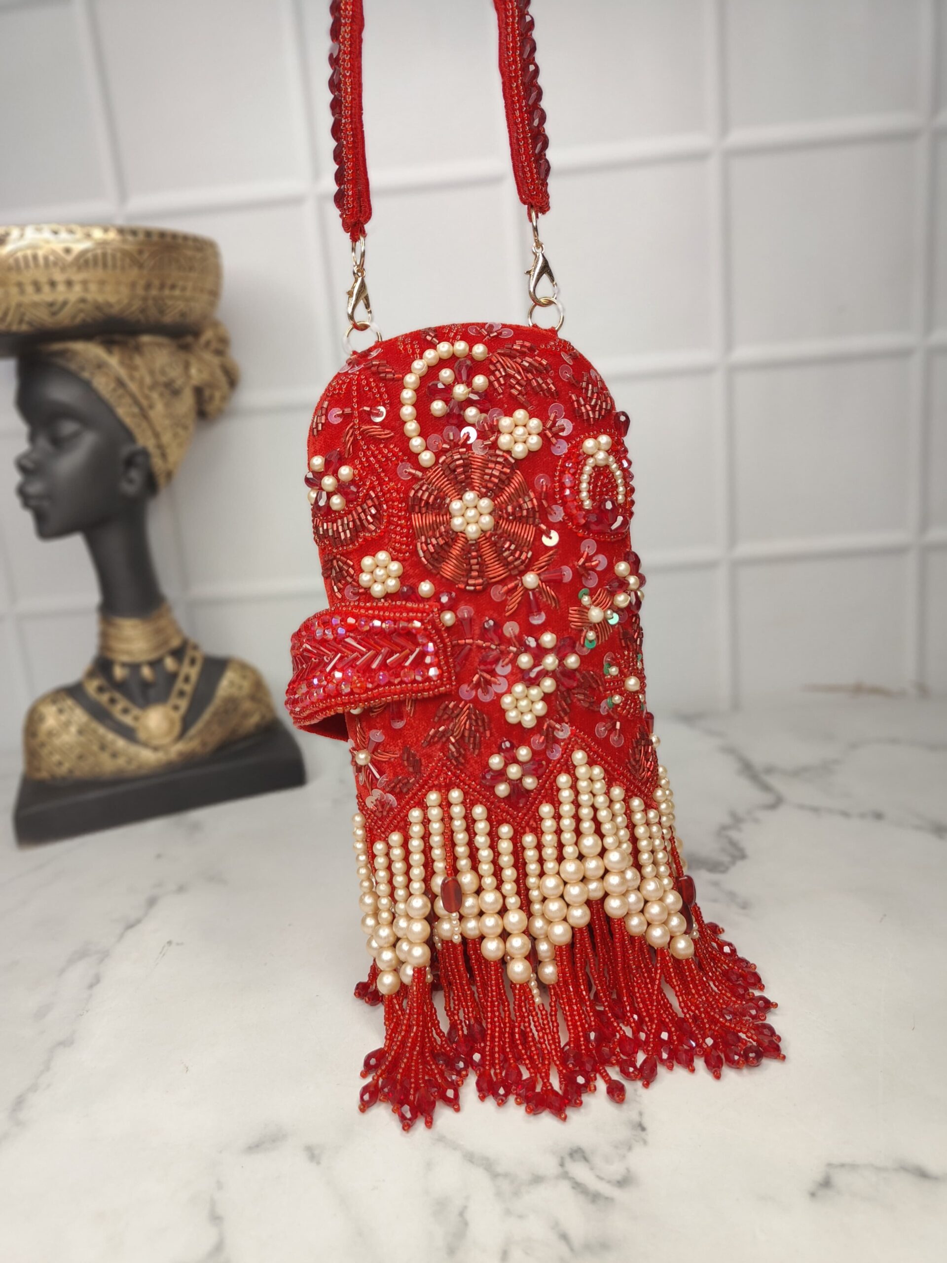 Red Beaded Floral Fringe Sling Bag – Bridal & Festive Phone Clutch