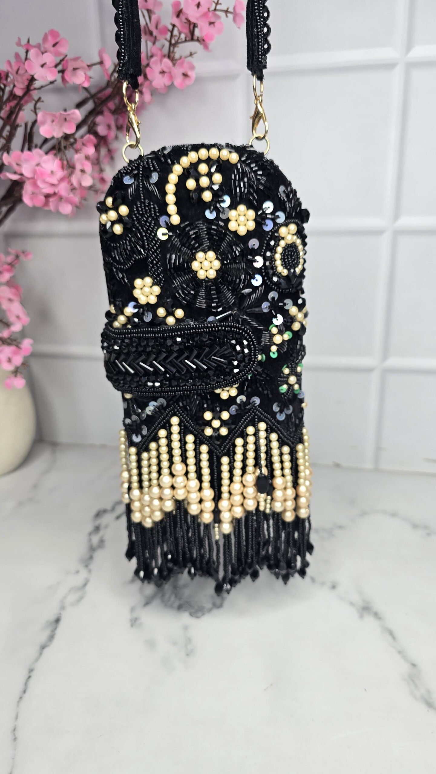 Red Beaded Floral Fringe Sling Bag – Bridal & Festive Phone Clutch - Image 3