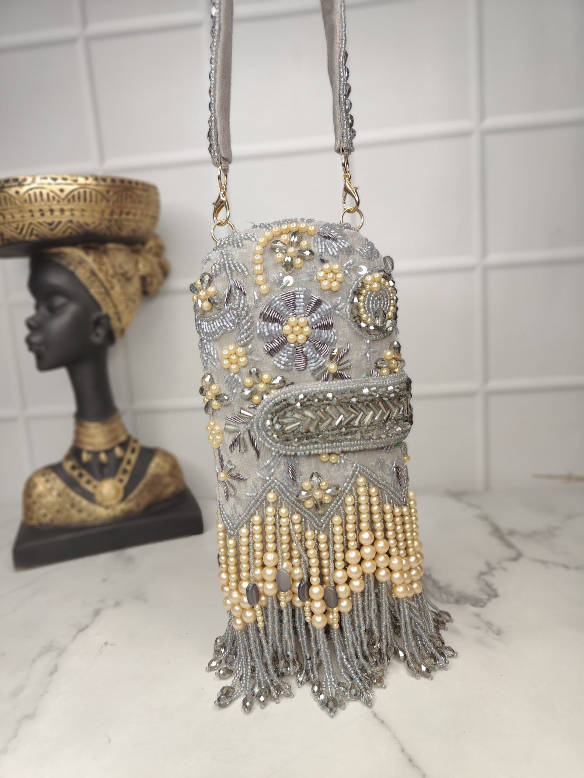 Red Beaded Floral Fringe Sling Bag – Bridal & Festive Phone Clutch - Image 4