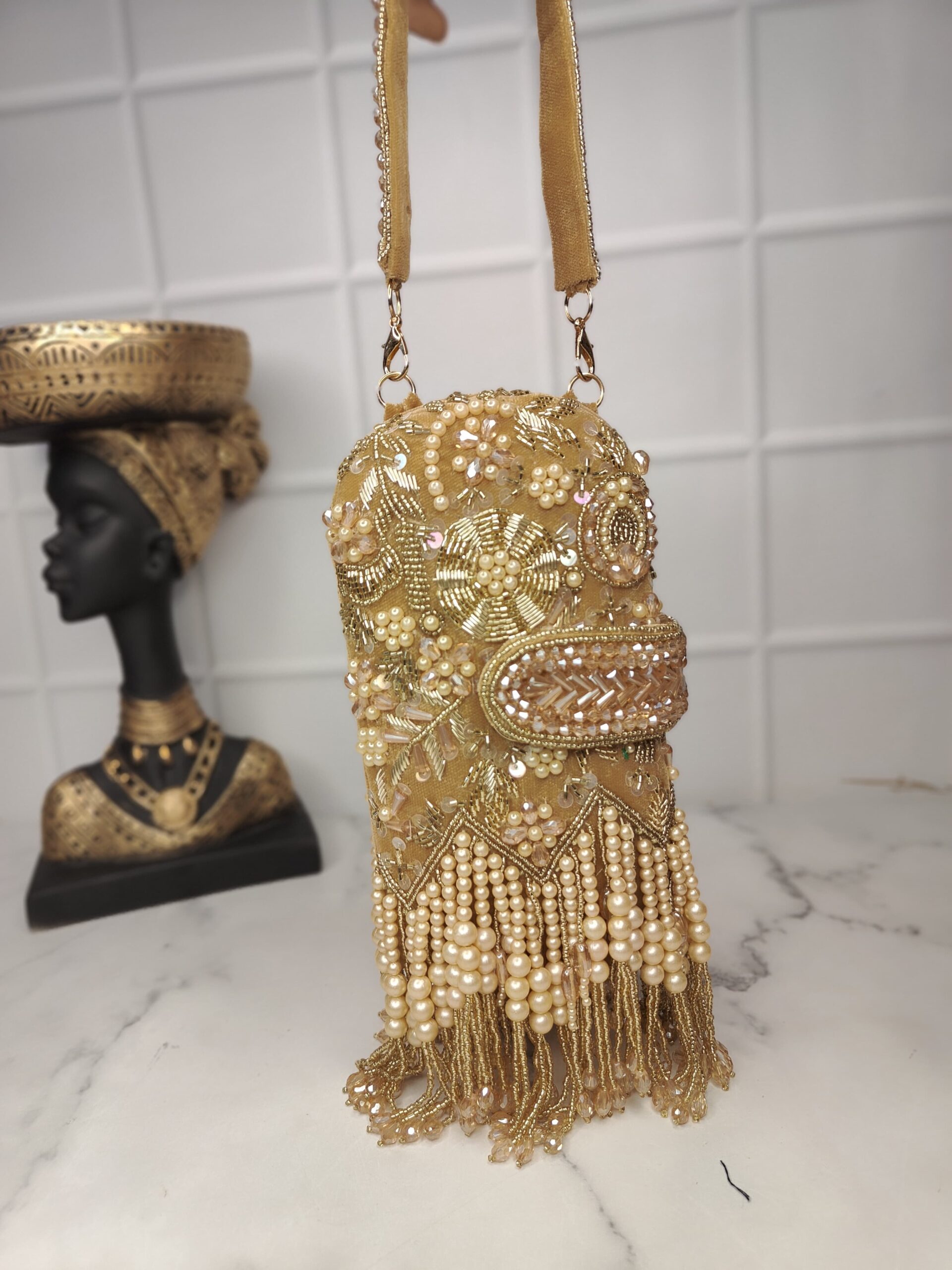 Red Beaded Floral Fringe Sling Bag – Bridal & Festive Phone Clutch - Image 5