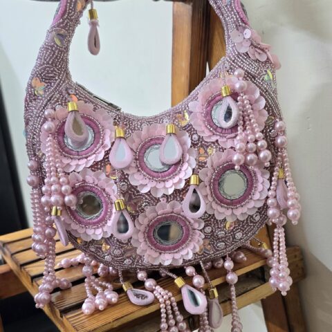 Pastel Pink Mirror-Work Embellished Handbag – Designer Wedding & Party Shoulder Bag