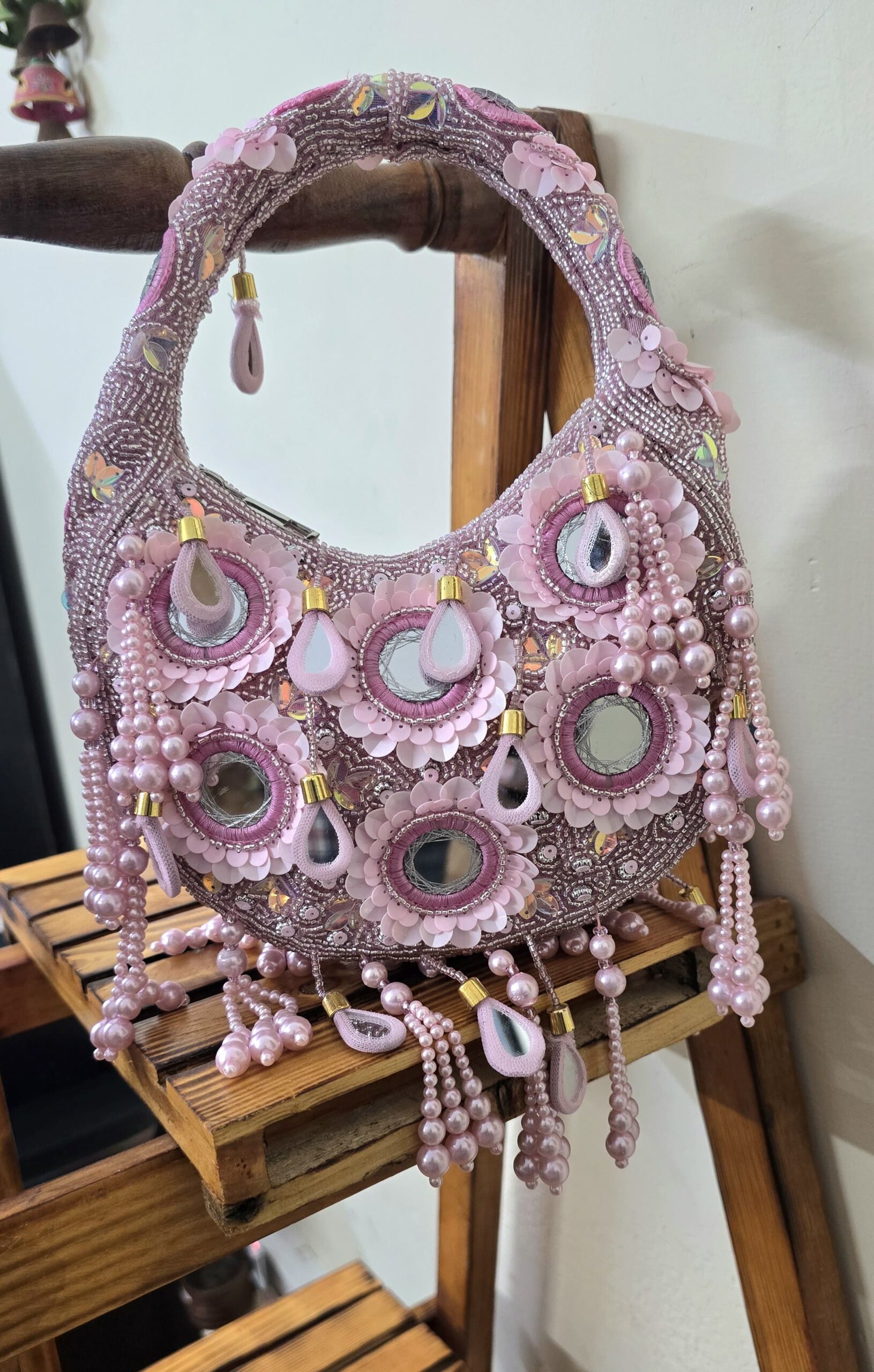 Pastel Pink Mirror-Work Embellished Handbag – Designer Wedding & Party Shoulder Bag