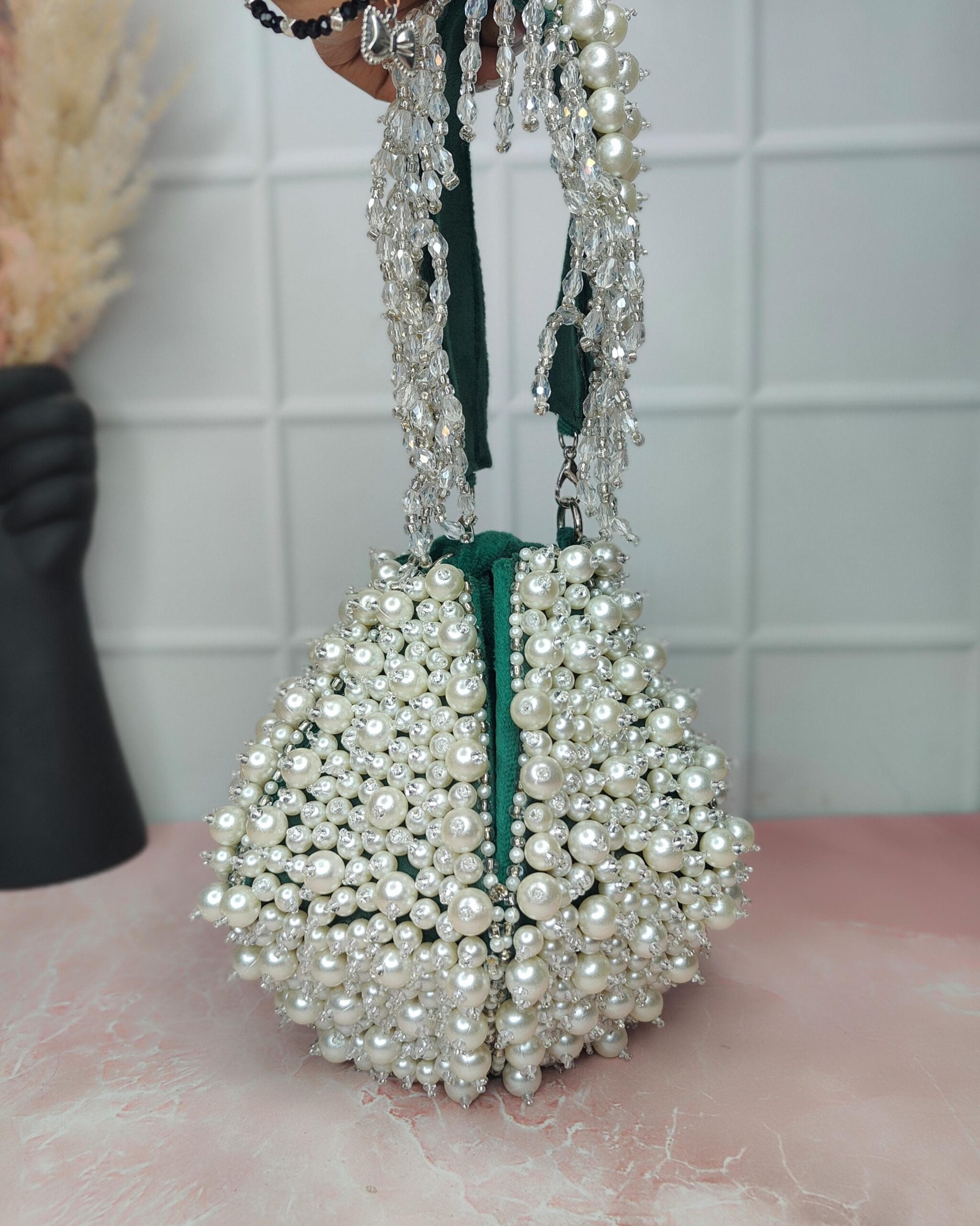 Ivory Pearl & Crystal Beaded Potli Bag – Bridal & Party Clutch - Image 3