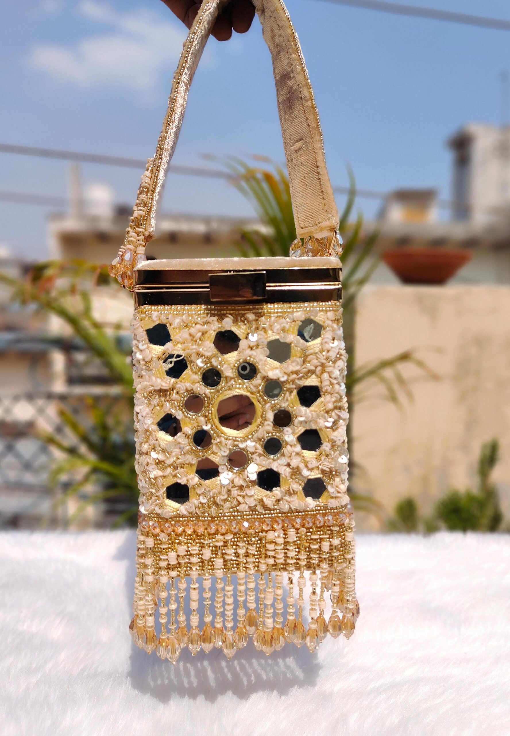 White Mirror Work Beaded Clutch with Fringe – Wedding & Party Handbag - Image 3