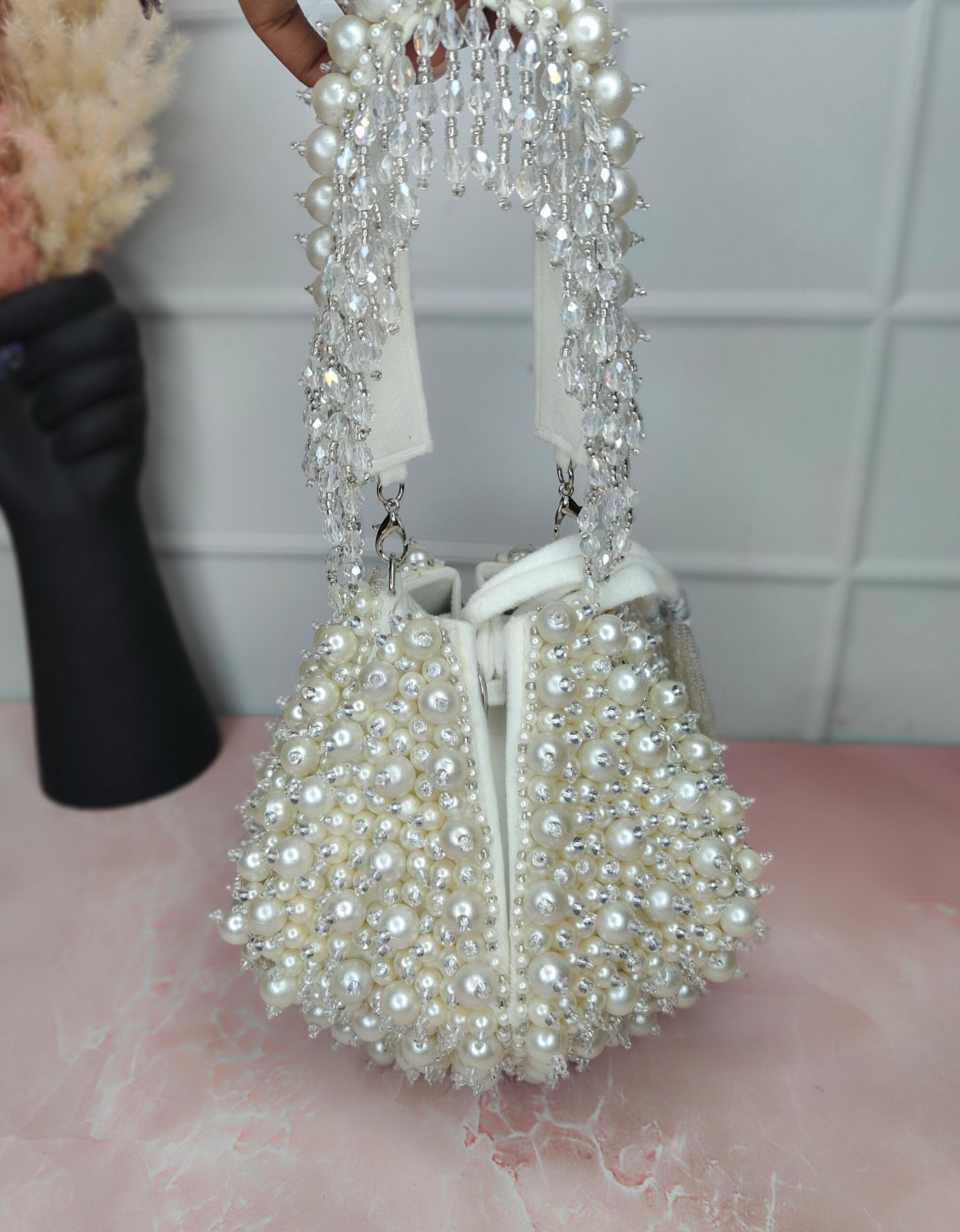 Ivory Pearl & Crystal Beaded Potli Bag – Bridal & Party Clutch - Image 4