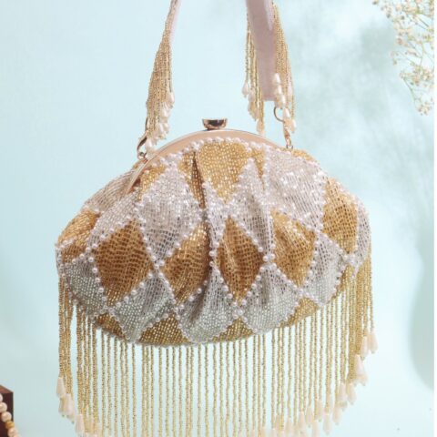 Golden Diamond Beaded Dome Handbag – Luxury Bridal & Festive Clutch