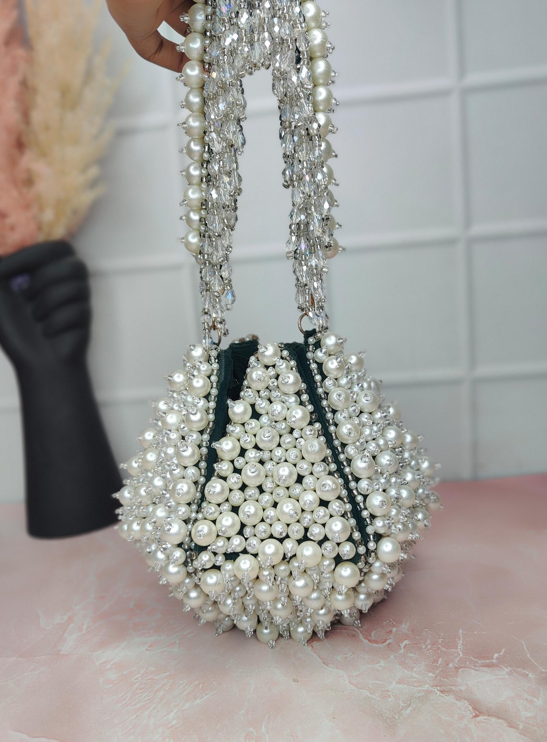 Ivory Pearl & Crystal Beaded Potli Bag – Bridal & Party Clutch - Image 2