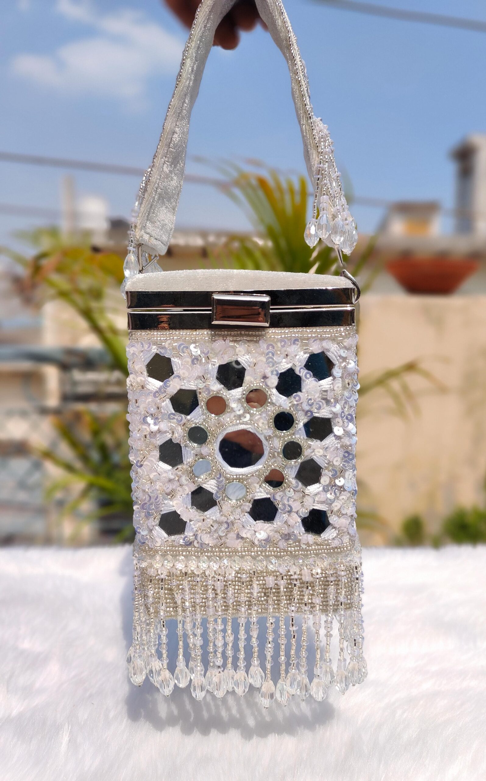 White Mirror Work Beaded Clutch with Fringe – Wedding & Party Handbag