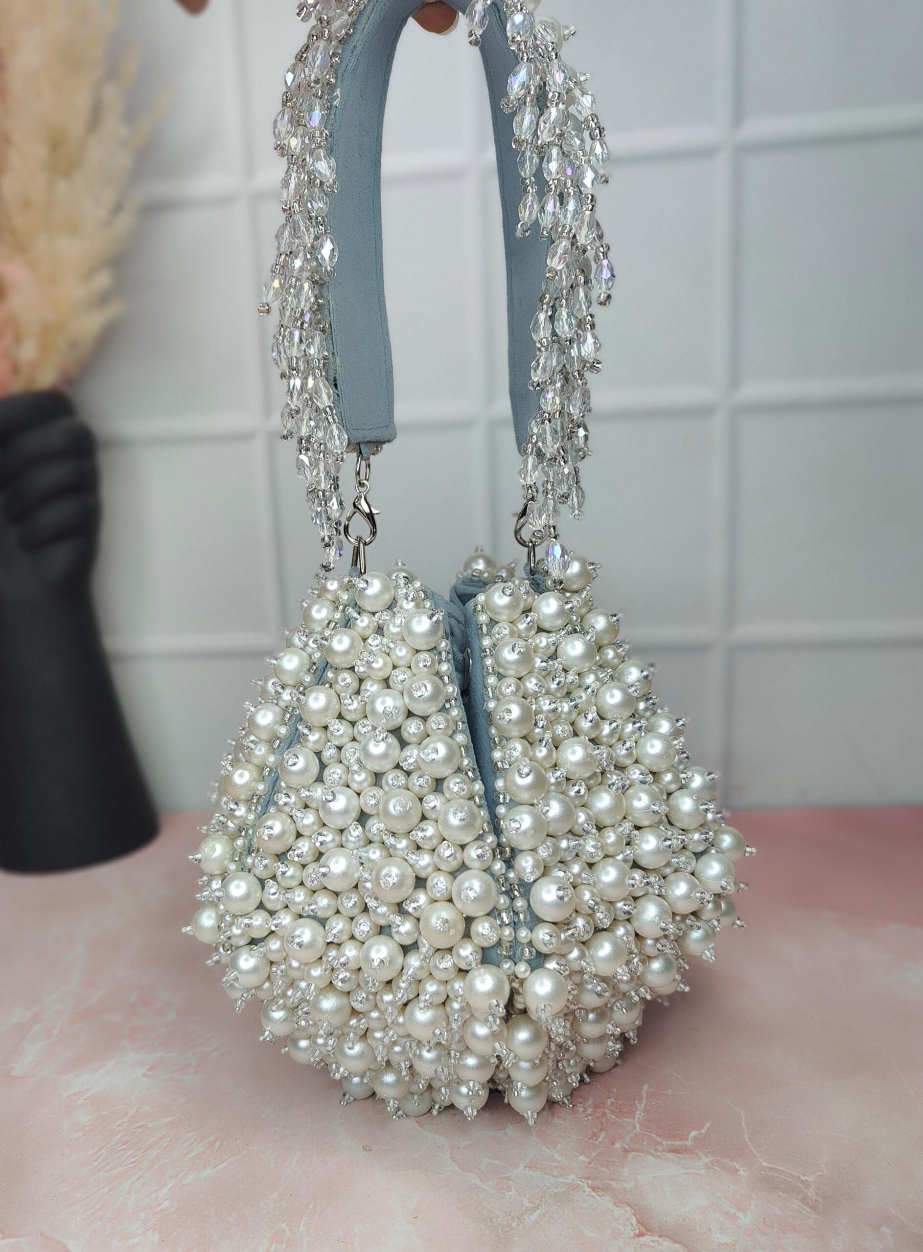 Ivory Pearl & Crystal Beaded Potli Bag – Bridal & Party Clutch
