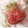 Red Velvet Embroidered Potli Bag with Golden Drawstring – Bridal & Festive Accessory