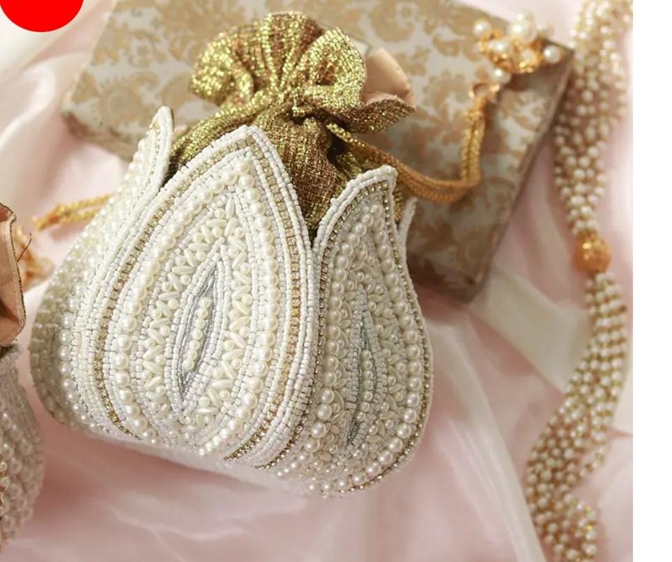 Lotus Design Pearl & Bead Embroidered Potli Bag – Wedding & Festive Clutch