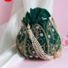 Emerald Green Embroidered Potli Bag with Pearl Handle – Wedding & Festive Clutch