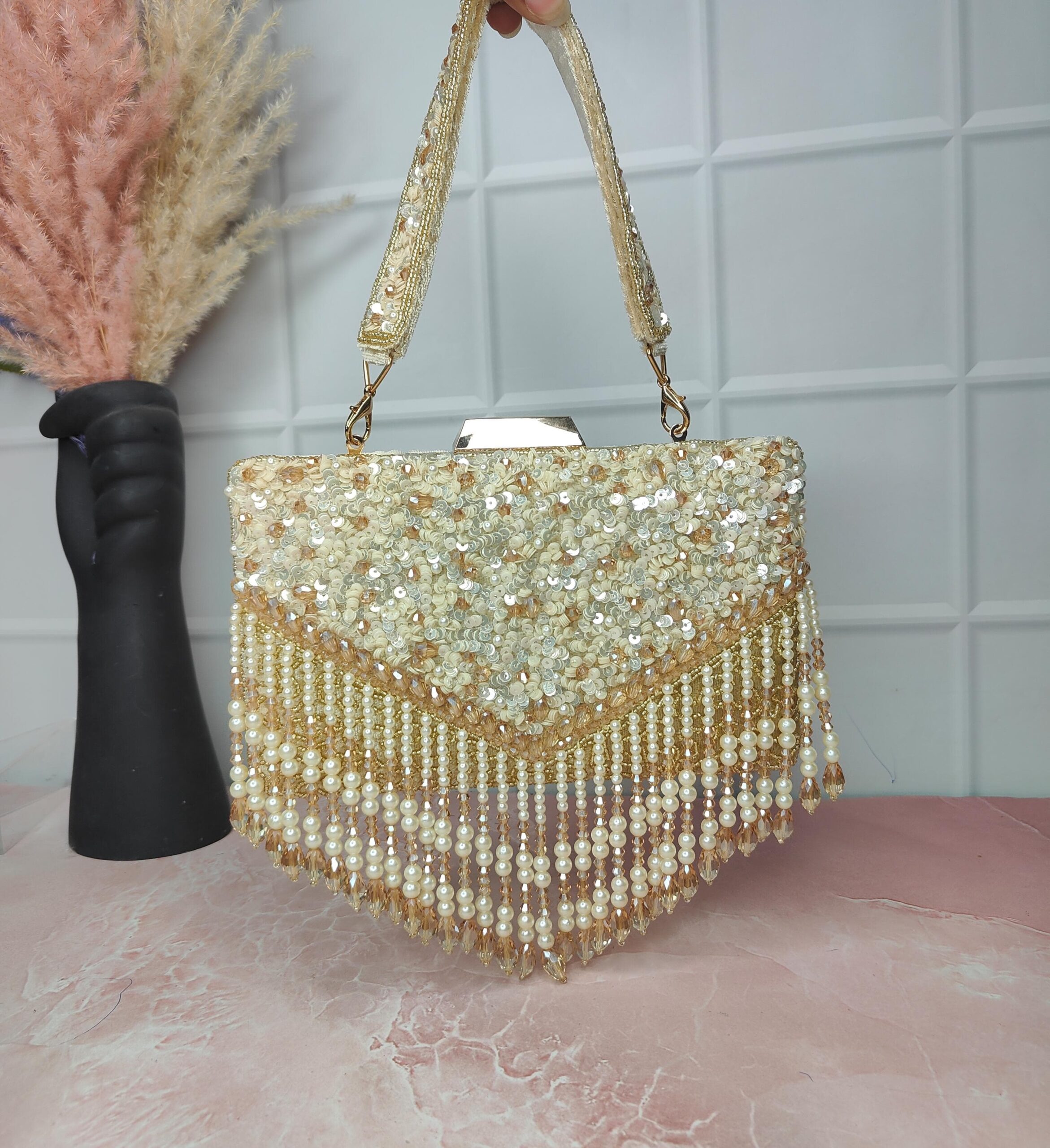 ✨ Golden Glam Sequin & Pearl Clutch ✨