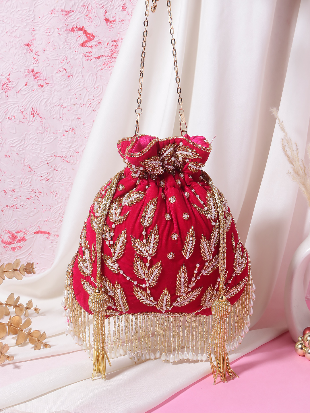 💖 Regal Red Zari Embroidered Potli Bag 💖