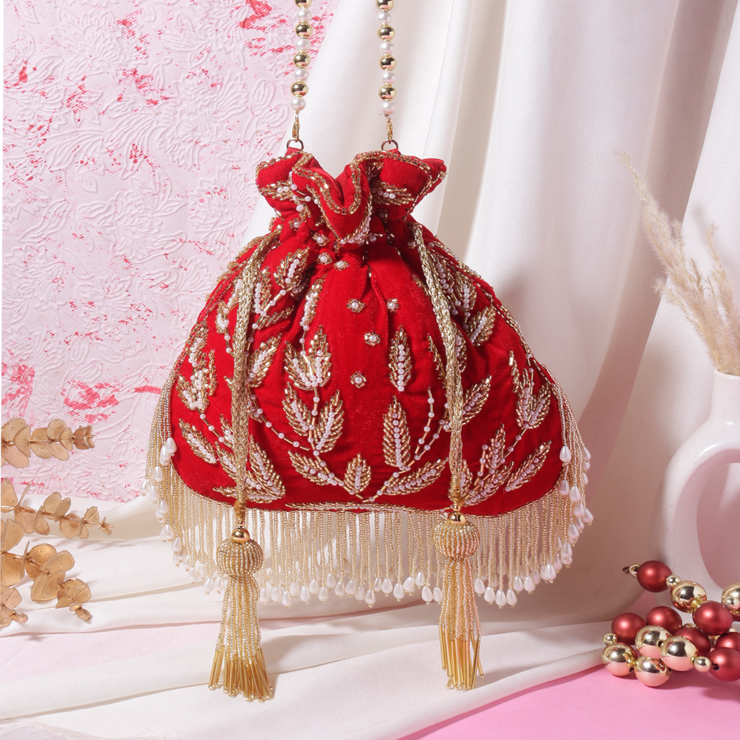 💖 Regal Red Zari Embroidered Potli Bag 💖 - Image 3
